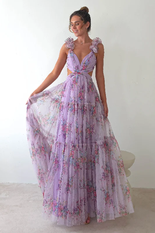 Alma Floral Print Tulle Maxi Dress | Lilac