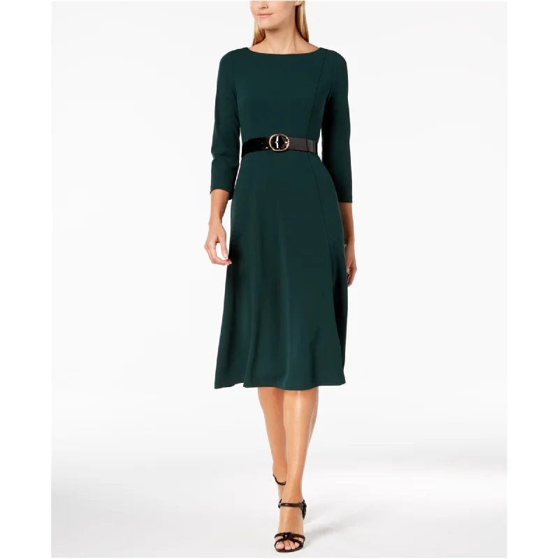 Calvin Klein Womens Solid Belted Fit & Flare Midi Dress, Green, 2