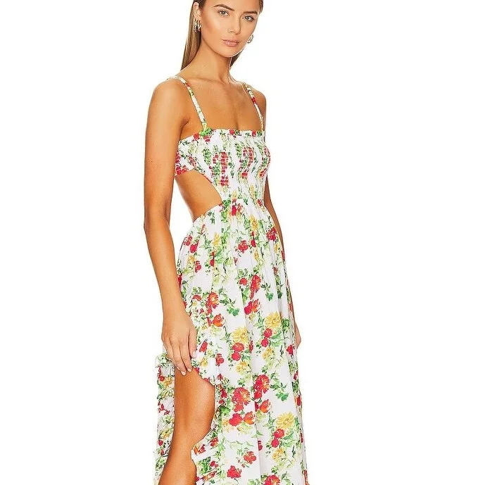 Caroline Constas Margo White Floral Ruffled Maxi Dress Cut Out