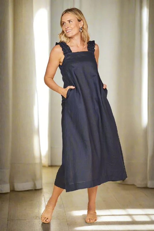 Claire Maxi Linen Dress in Navy