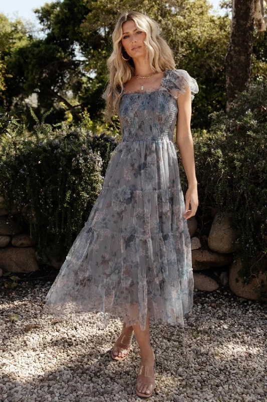 Clementine Tulle Midi Dress | Dusty Blue Floral