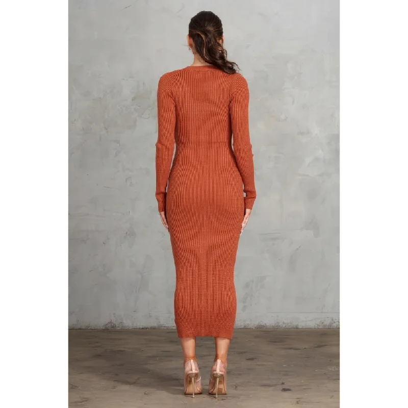 Cognac Ribbed Midi Dress, Long Sleeves with Thumbhole