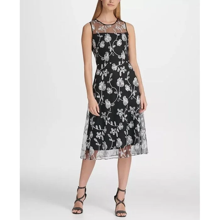 DKNY Women's Floral Embroidered Mesh Midi A-Line Dress Gray Size 4