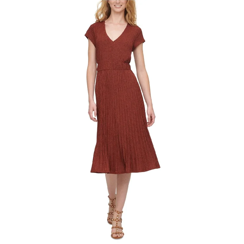 DKNY Womens Textured Knit A-line Midi Pleated Dress, Brown, X-Large