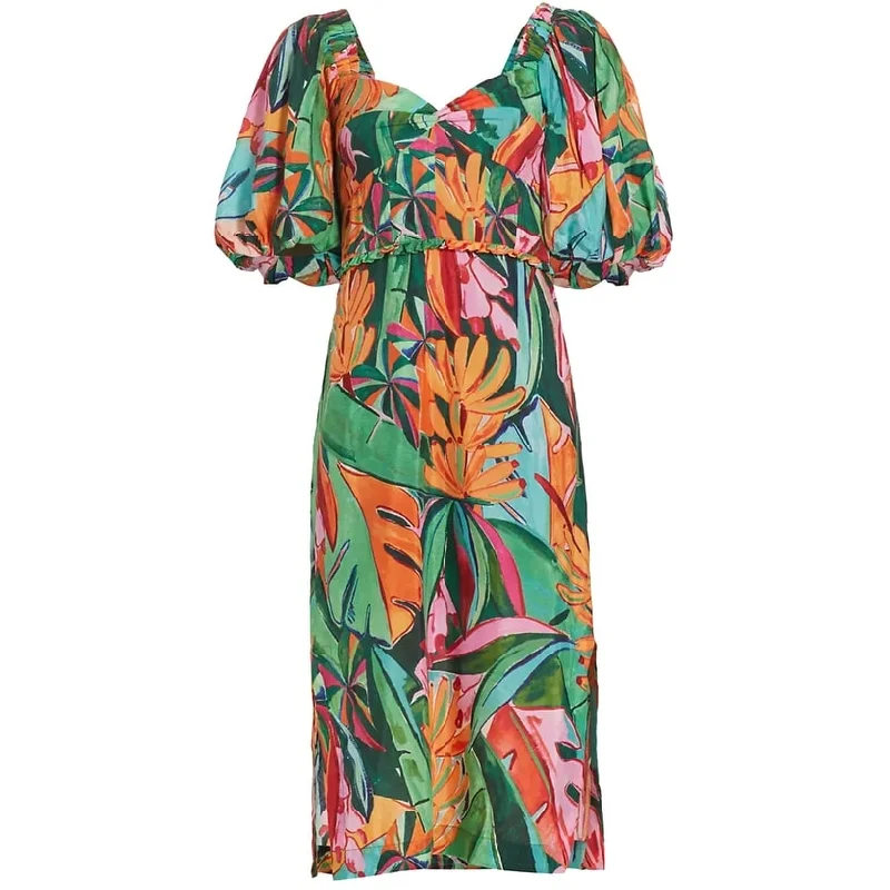 FARM Rio Women's Puffed Sleeve Midi Dress, Banana Foliage Multicolor