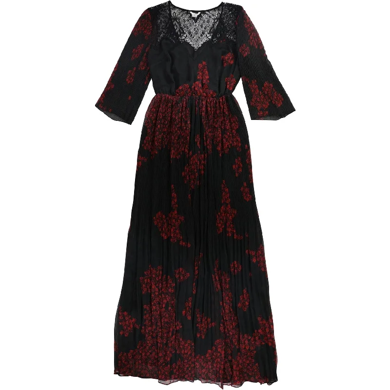 GUESS Womens Rose Print Lace Maxi Pleated Dress, Red, X-Small