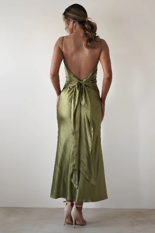 Hermie Silky Satin Maxi Dress | Olive