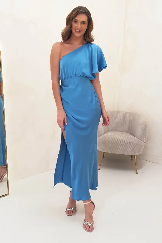 Jenna Soft Satin One Shoulder Maxi | Blue