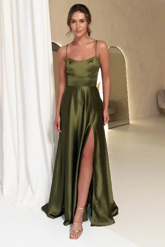 Leelie Silky Satin Maxi Gown | Olive