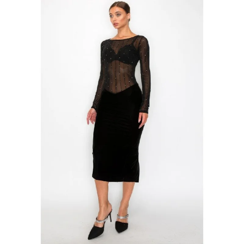 Long Sleeves Black Velvet Sheer Contrast Holiday Midi Dress