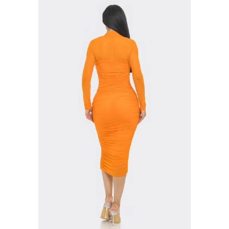 Long Sleeves With Back Zip Closure Solid Mesh Ruched Midi Dress