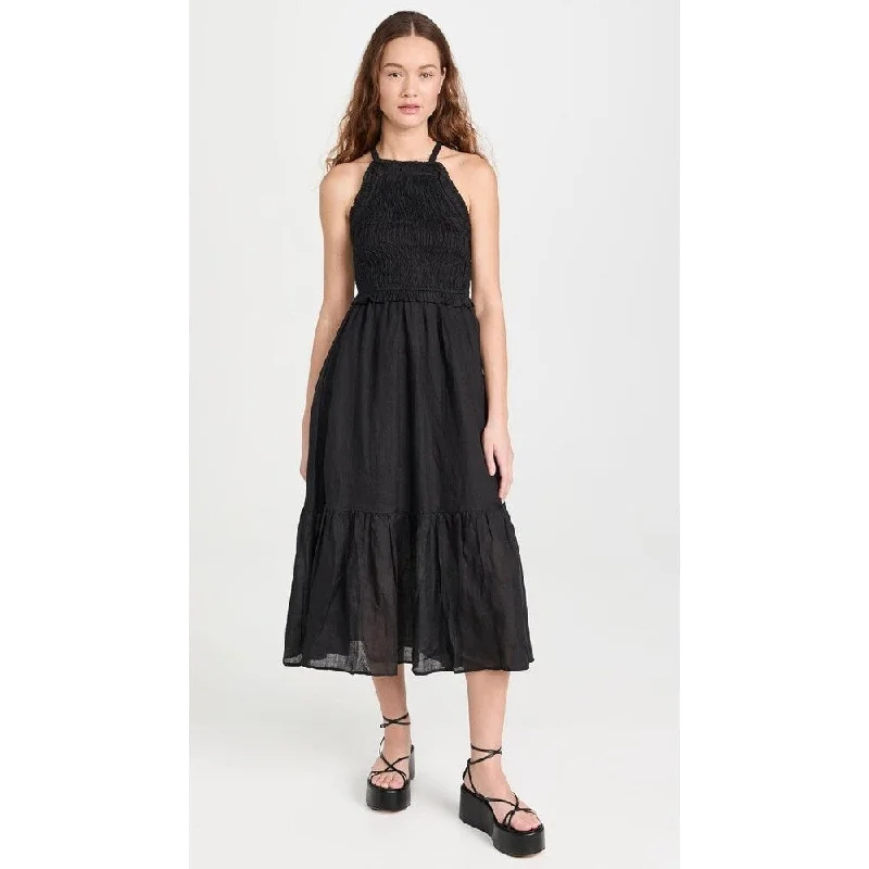 Sea Women's Cole Smocked Ramie Midi Dress, Black