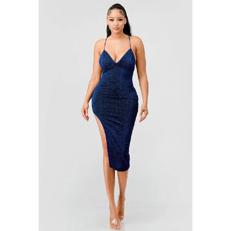 Sleeveless Sweetheart Neckline Metallic Glitter Midi Dress