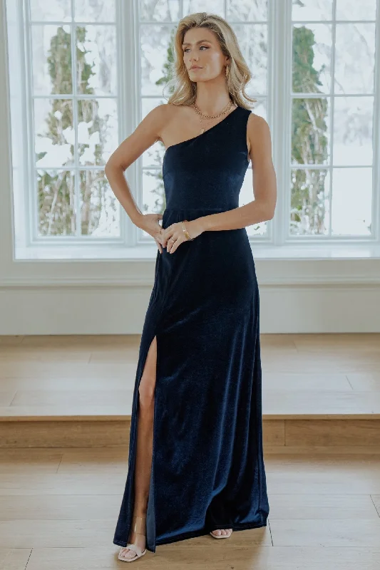 Tatiana Velvet One Shoulder Maxi Dress | Navy