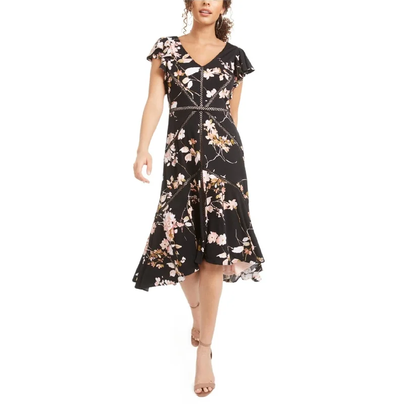 Taylor Womens Floral Midi Dress, Black, 2