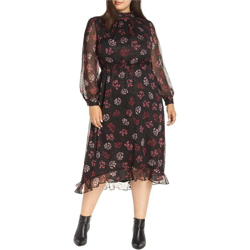 Vince Camuto Womens Floral Glitter Midi Dress, Black, 1X