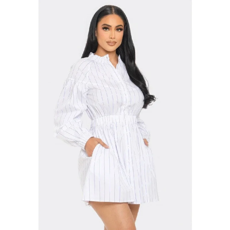 White Striped Mini Dress with Long Sleeves and Playful Dolphin Hem