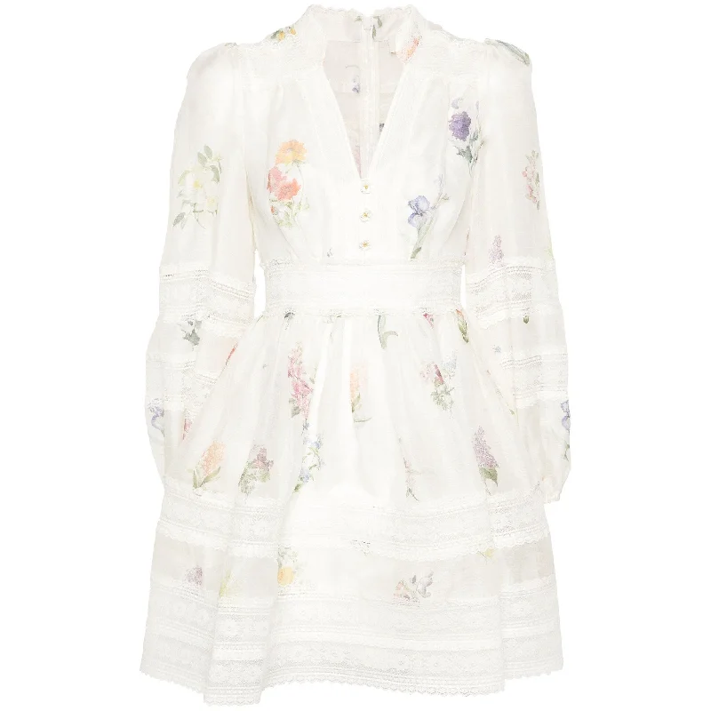 Zimmermann Natura V-Neck Lace Mini Dress Multi Botanical Ivory