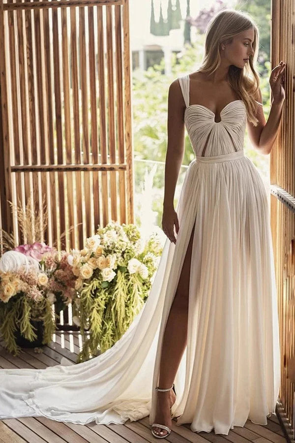 A-Line Long Chiffon Sweetheart Wedding Dresses Sweep/Brush Train Dresses