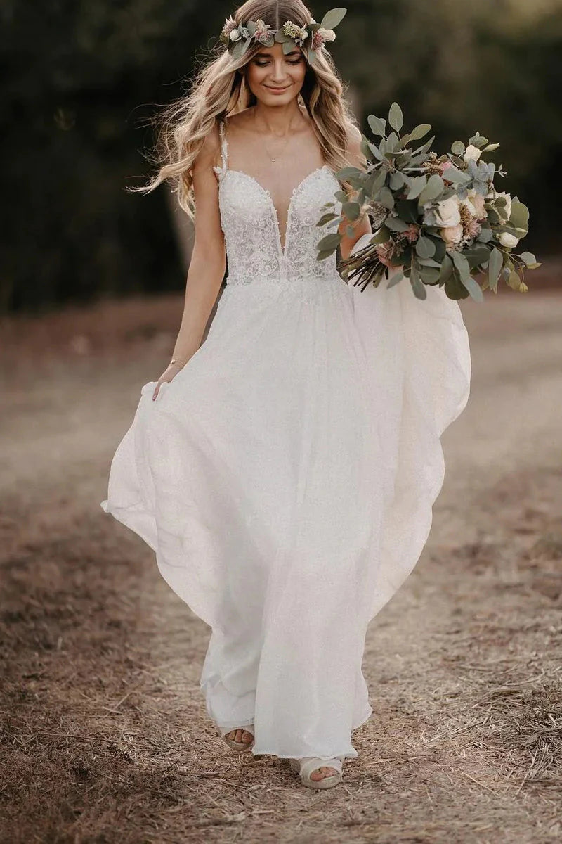 A-Line V-Neck Chiffon Long Wedding Dresses with Appliques