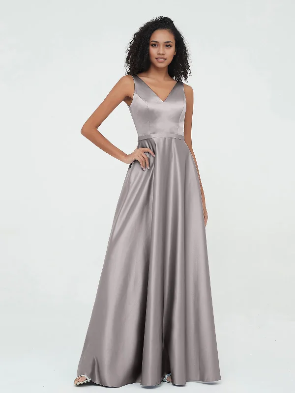 A-line V-neck Max Satin Dresses with Pockets-Silver Long Bridesmaid Dresses