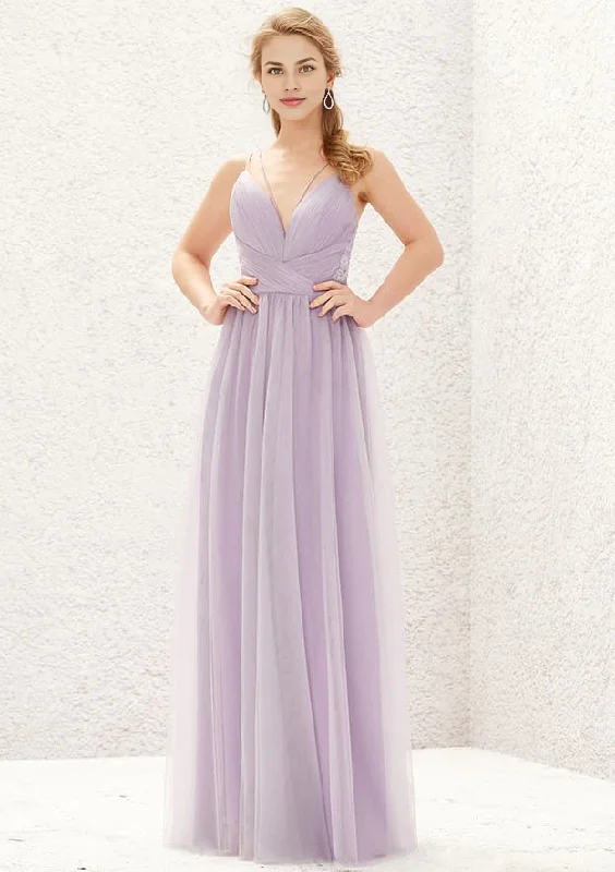 A-line V Neck Sleeveless Floor-Length Tulle Lace Bridesmaid Dress With Pleated