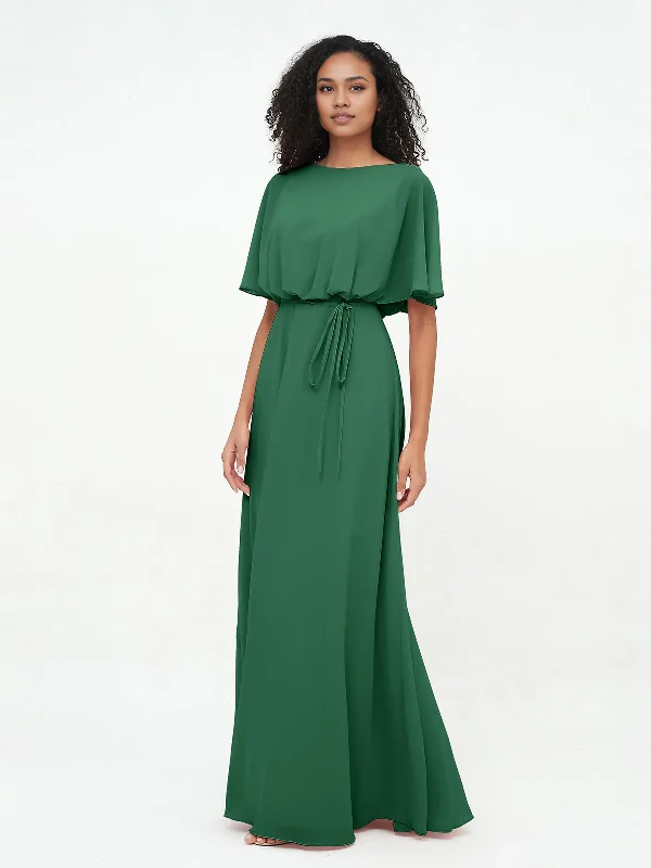 Chiffon Full Length Bridesmaid Dresses Simple Dresses with Wrap Dark Green