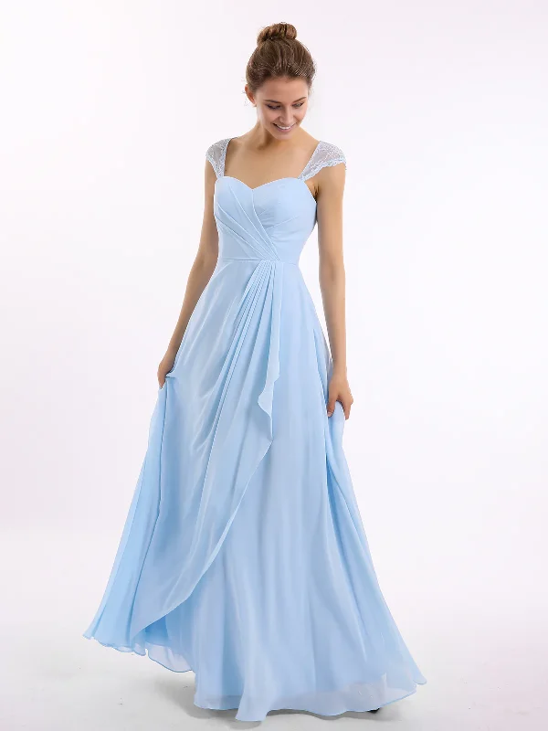 Cute A-Line Chiffon Bridesmaid Dresses with Lace Cap Sleeves-Sky Blue