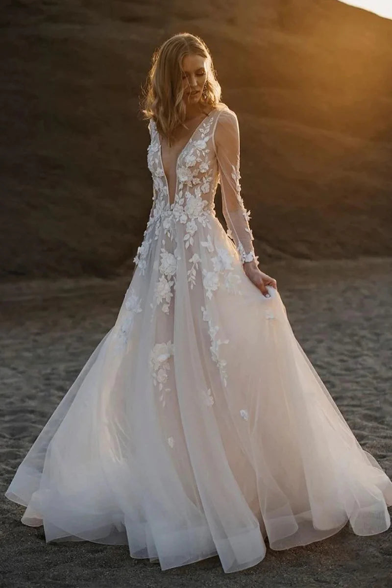 Fairy A Line V Neck Tulle Long Wedding Dresses with Appliques