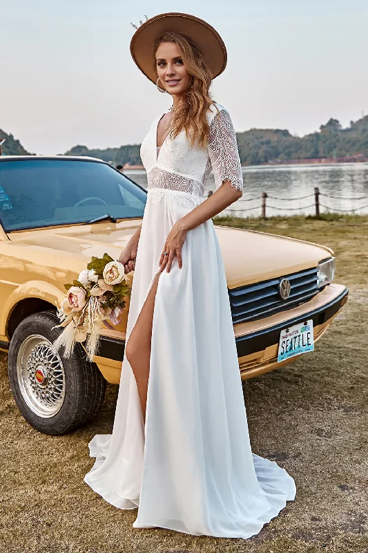 Ivory Lace Chiffon Half Sleeves Boho Backless V-Neck Wedding Dress With Slit