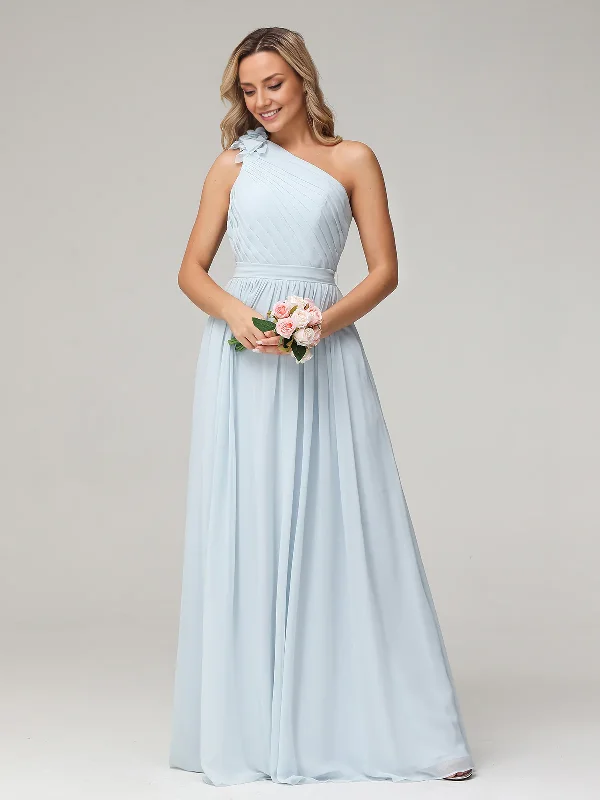 One Flower Shoulder Chiffon Dresses with Pocket Mist Ruched Bridesmaid Dresses