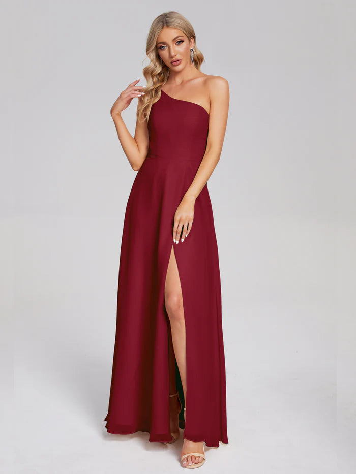 One Shoulder Side Slit Chiffon Floor-length Bridesmaid Dress