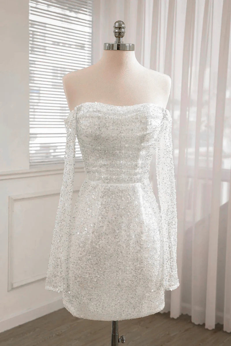 Sequined Backless Wedding Dress With Long Detachable Sleeves