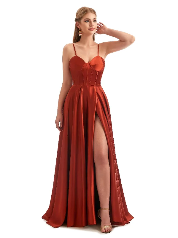 A-Line Formal Satin Long Bridesmaid Dresses Online Side Split Spaghetti Straps