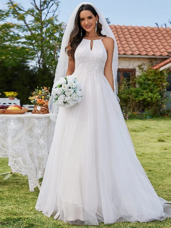 A-Line Halter Neck Applique Wedding Dress with Tulle