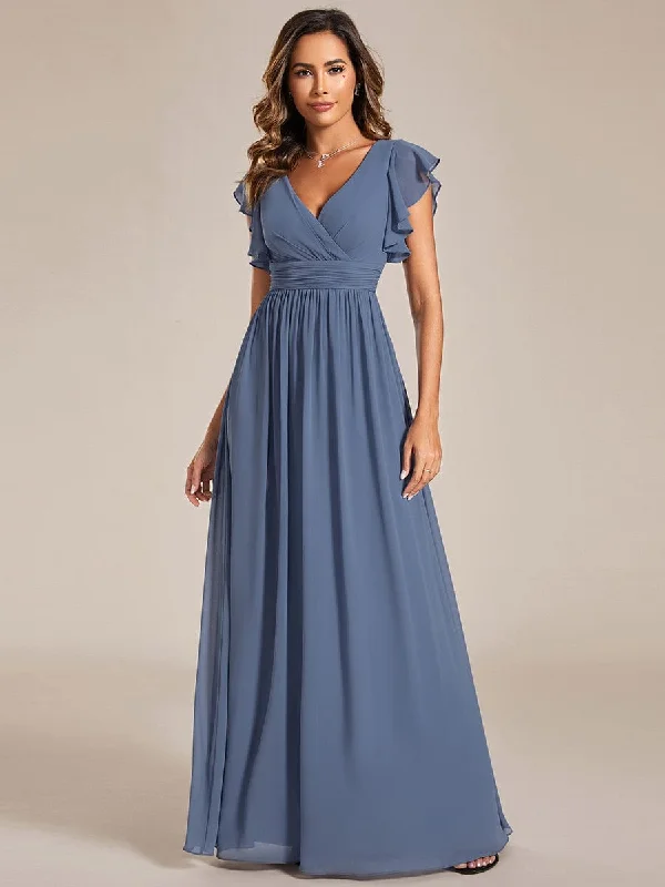 Back Cutout A-Line Pleated Ruffles Sleeve Chiffon Bridesmaid Dress