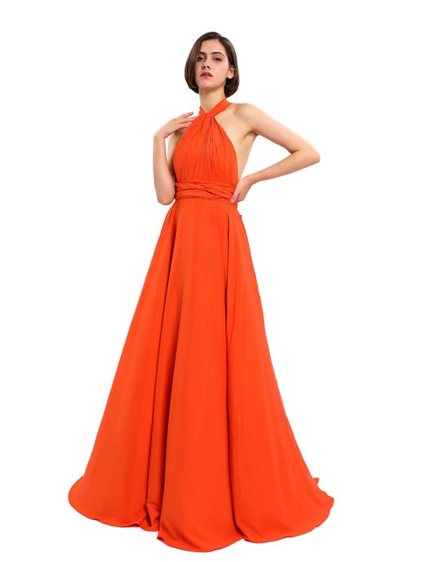 A-line Halter Sleeveless Floor-Length Long Bridesmaid Dresses