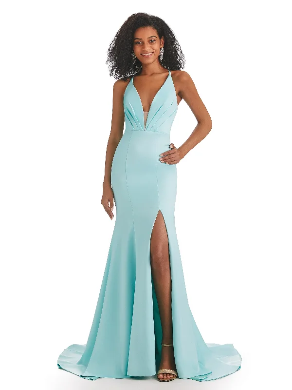 Sexy V-neck Mermaid Side Slit Backless Soft Satin Long African Bridesmaid Dresses