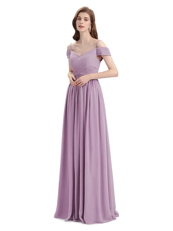 Simple A-line Chiffon Cold Shoulder Long Bridesmaid Dresses