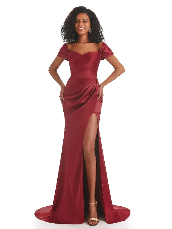 Elegant Off The Shoulder Mermaid Side Slit Soft Satin Long African Bridesmaid Dresses