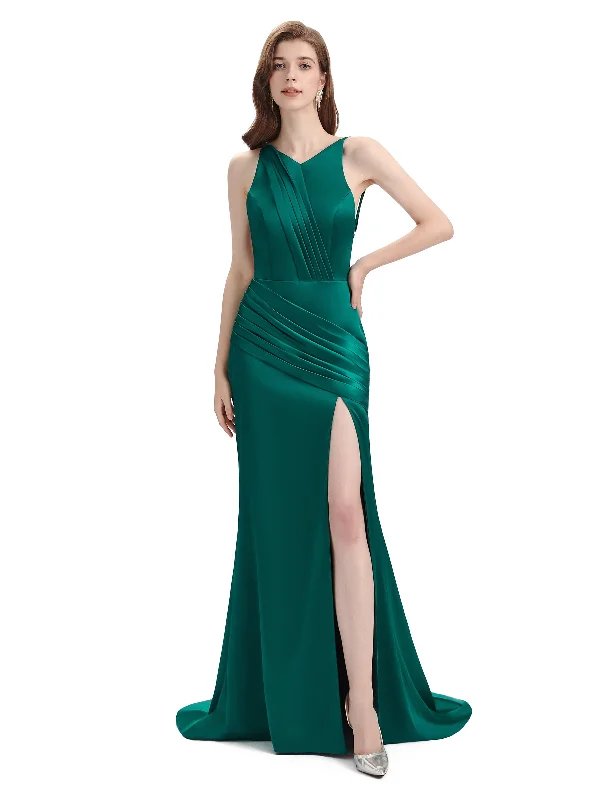 Sexy Backless Mermaid Side Slit Soft Satin Floor-Length Mermaid Bridesmaid Dresses