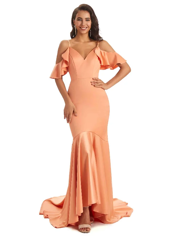 Soft Satin Asymmetric Spaghetti Straps Mermaid Cold Shoulder Bridesmaid Dresses