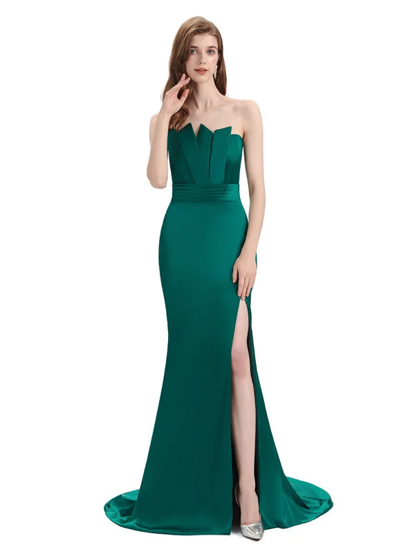 Elegant Soft Satin Strapless Split Side Floor-Length Mermaid Bridesmaid Dresses