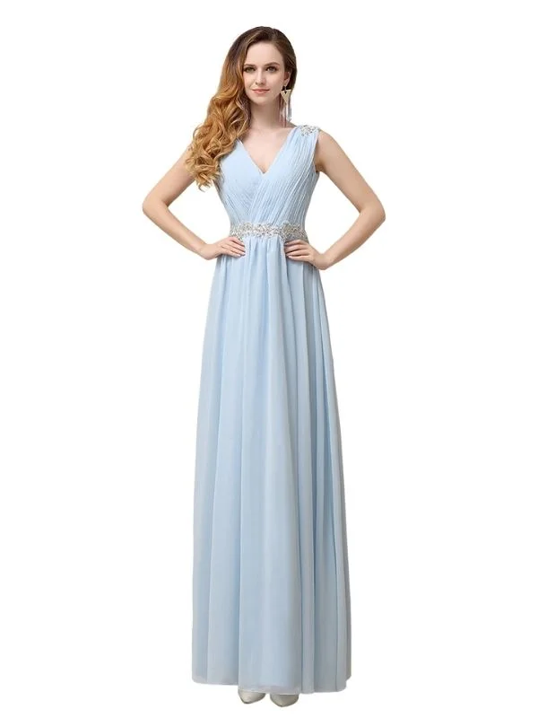 A-line Chiffon V-Neck Floor-Length Long Bridesmaid Dresses