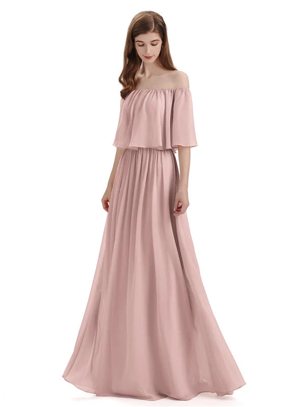 Simple A-Line Off The Shoulder Chiffon Long Bridesmaid Dresses