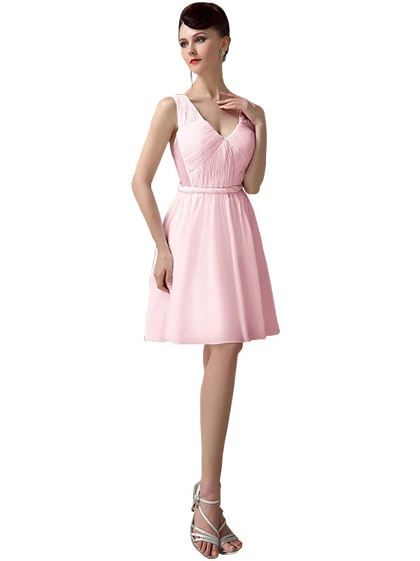 Charming A-line Chiffon V-neck Backless Short Bridesmaid Dresses