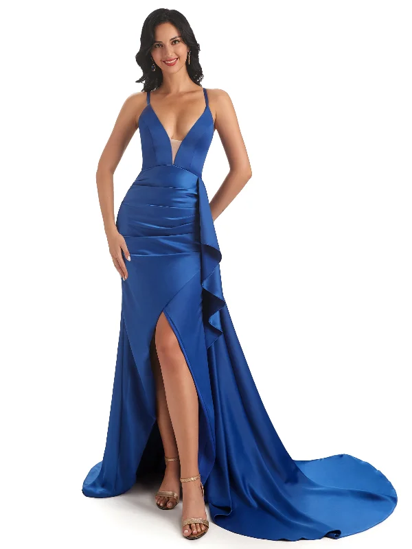 Sexy Spaghetti Straps Soft Satin Side Slit Pleats Unique Mermaid Bridesmaid Dresses