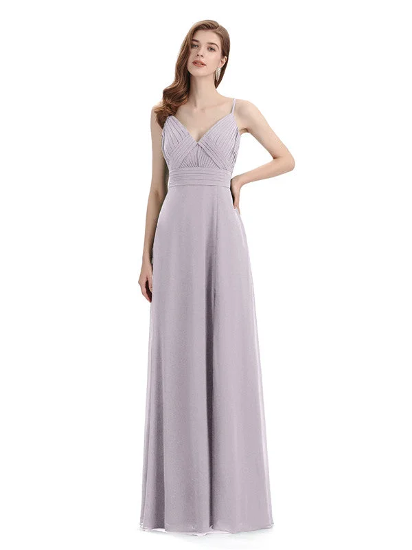 Chiffon Spaghetti Strap V-neck Floor-Length Long Bridesmaid Dresses