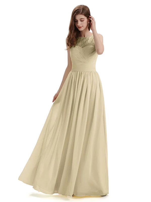 A-Line Round Neck Lace Pleats Floor Length Bridesmaid Dresses