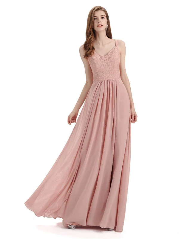 Simple V-neck Chiffon Floor-Length Side Slit Long Bridesmaid Dresses